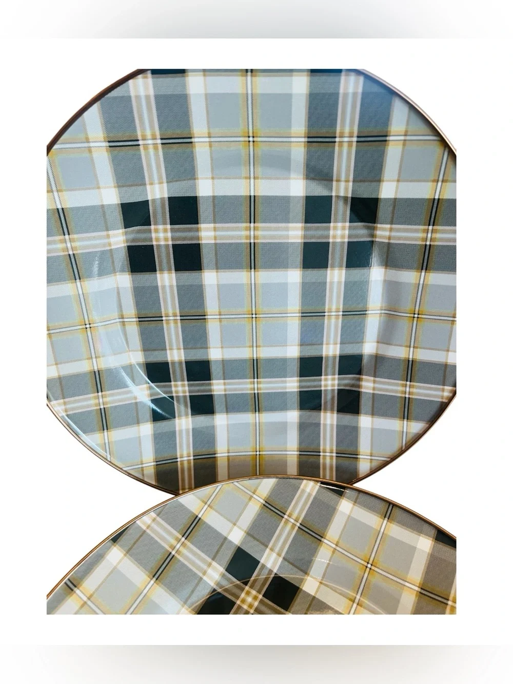 MacKenzie-Childs Tartan Mocha Enamel Dinner Plates 10” Set of 3 Plaid Bronzed
